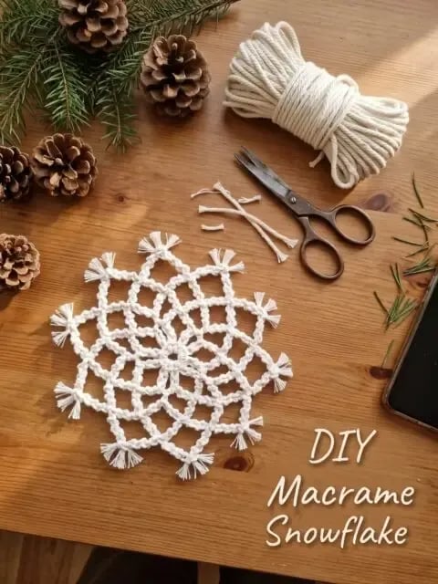 How to make a delicate macrame snowflake ❄️ New Step-by-Step Tutorial on my YouTube channel - Macrame School. Make your holiday season extra special with handmade decorations! Follow along step by step and create your own beautiful macrame snowflake. 🧶 Great for: DIY Christmas decorations Handmade Christmas tree ornaments Easy macrame projects for beginners Scandinavian and minimalist holiday decor Creative Christmas gifts and winter crafts