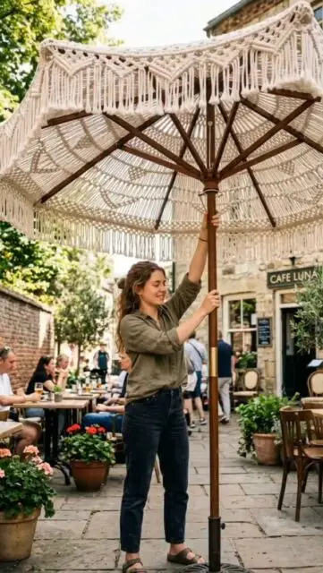 Macramé umbrellas ⛱️ and sunshades combine practical shade with the decorative beauty of hand-knotted textiles. Their open, intricate patterns filter sunlight rather than completely blocking it, creating soft shadows and an airy atmosphere. Today, macramé-style café umbrellas are especially popular for terraces, beach clubs, gardens, hotels, and outdoor dining spaces, where they bring a relaxed Mediterranean and bohemian character. Aesthetic Appeal: Each umbrella is a piece of fiber art. Hand-knotted geometric patterns, delicate fringe, and rich cord textures replace cold, flat canvas with warmth and visual interest. Dappled Light Effect: Unlike solid fabric canopies that create stark, heavy shadows, the openwork weave filters sunlight into soft, moving geometric patterns on the ground below, creating an inviting ambient atmosphere. Historical facts: Macramé became a major home decor trend in 19th-century Britain and France, where handheld parasols with macramé fringes and knotted canopies were used by aristocracy for strolls in outdoor gardens and promenades. Mid-20th Century Resort Culture: During the 1960s and 1970s revival, full-scale macramé sunshades and café umbrellas emerged across Mediterranean beach resorts (such as in Ibiza and the French Riviera), becoming staple fixtures of coastal patio design.