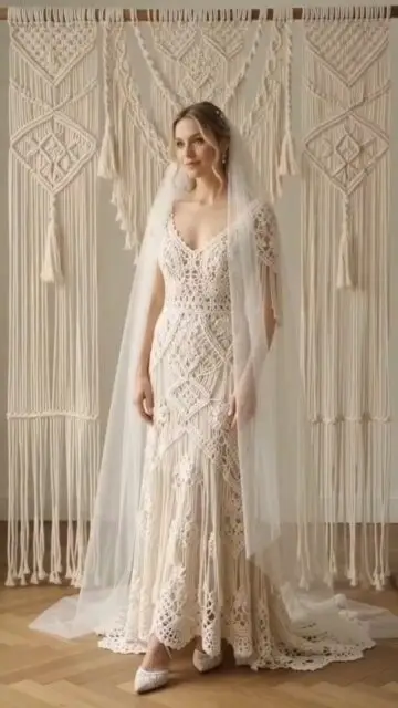 When macramé meets crochet, magic happens. 🤍🌿 Intricate knots and delicate crochet details come together to create a unique boho-style wedding dress. Discover the beauty of macramé wedding dress where delicate knots become stunning bridal art. 🌿 Macramé & Crochet Wedding Dress | Boho Bridal Magic 🤍👰💍 #macrame #crochetlove #weddingdress