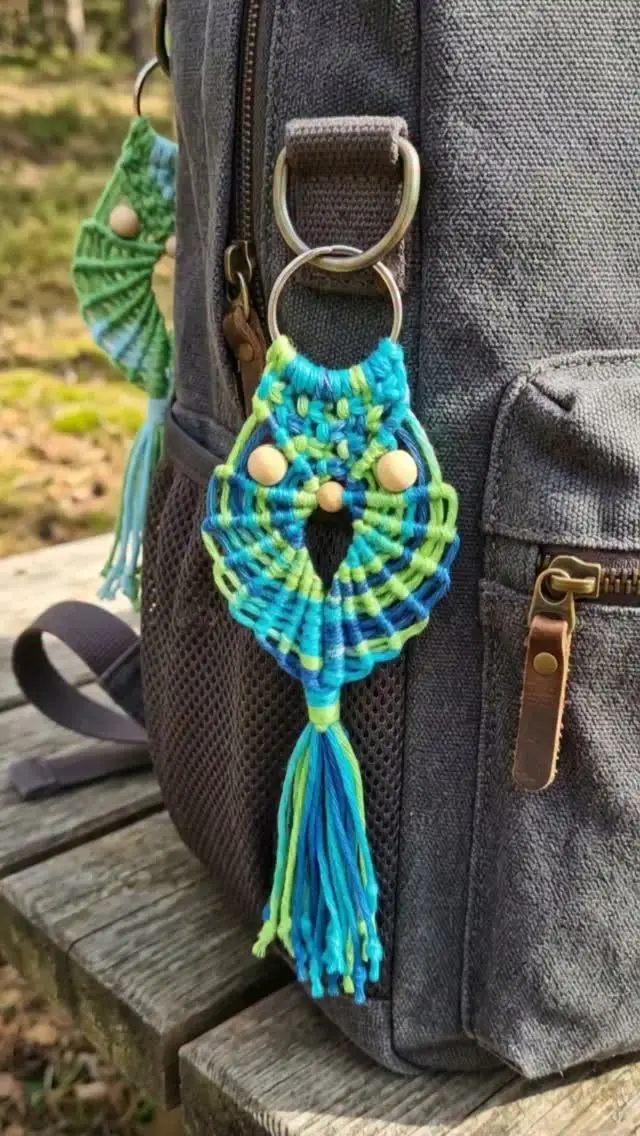 Turn your backpack into something special with a macrame owl charm! 🦉🧶 A cute handmade accessory that adds a boho touch to any bag. 🎒👜 👉 Tutorials for these OWLS are available on my YouTube channel: Macrame School / Link in Bio 😘 #macrame #owl #charm #owllover #macrameowl