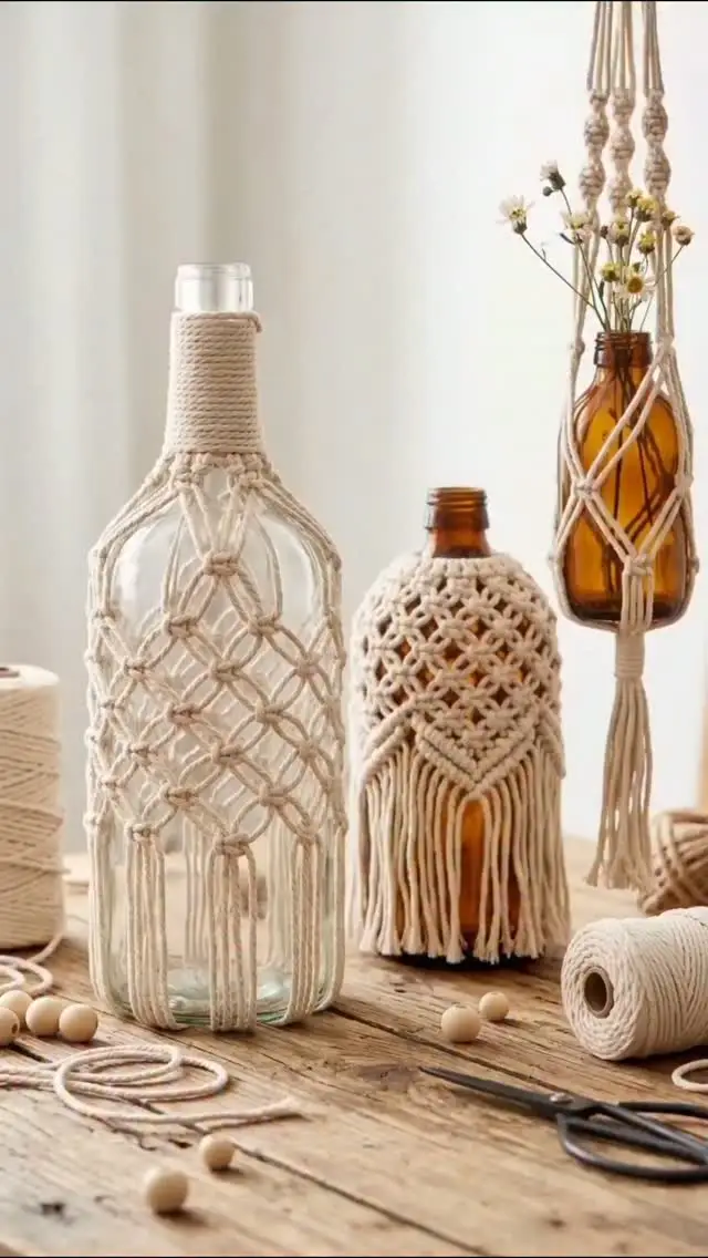 Macrame Bottle Decor ♻️ Upcycle an Old Bottle With Macrame and turn simple bottles into beautiful boho-style decor! These macrame bottles are a creative and budget-friendly way to add a cozy, handmade touch to your home. 🧴 🍾 #macrame #bohodecor #upcycle #bottledecor