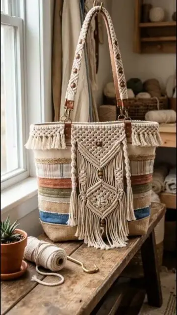 Beautiful Boho style Bags featuring a unique mix of Macramé and Patchwork! 👜✨ A creative combination of textures, knots and colors. Inspiration for macramé lovers, DIY crafters, and anyone who loves unique handmade designs. 🤍 #macrame #bohostyle #patchwork #bagslover