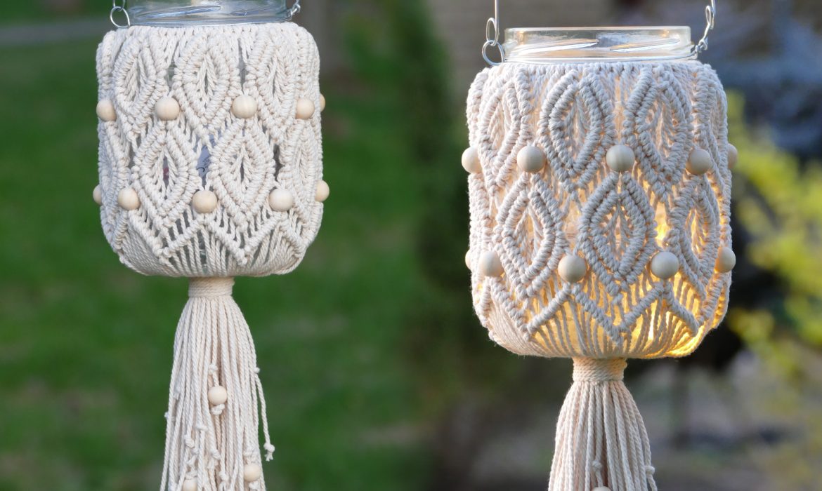 Hanging Macramé Lantern – Leaf Pattern with Beads